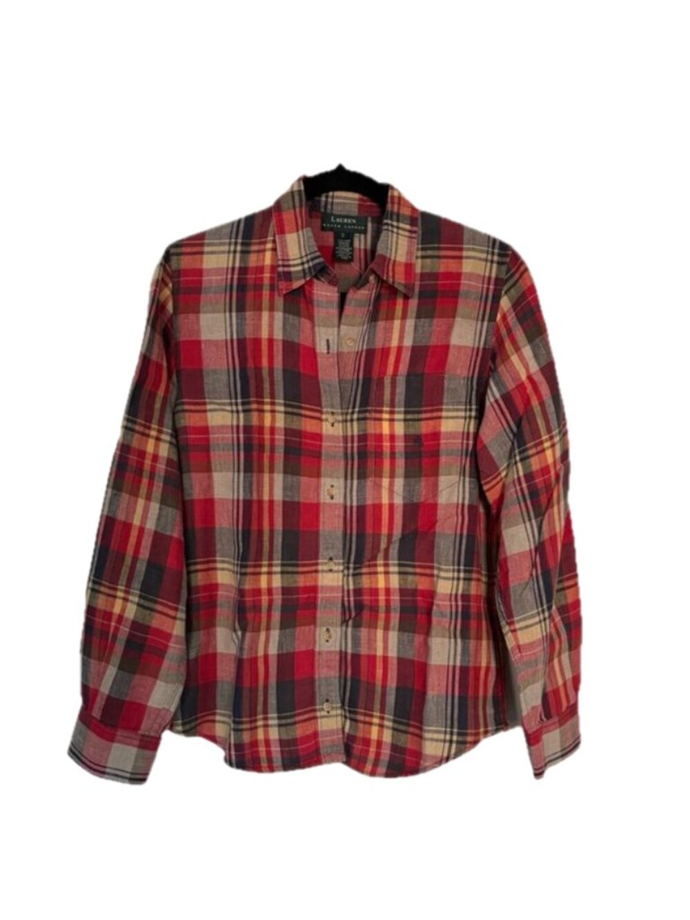 Ralph Lauren Plaid Button Up Shirt Long Tab Sleeve Western Autumn Colors Wm Sz S